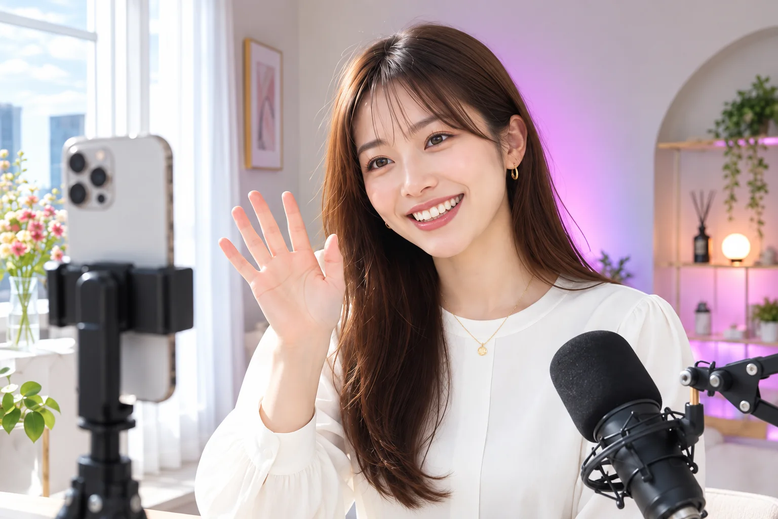 自然光の部屋で一人で配信する女性のイメージ