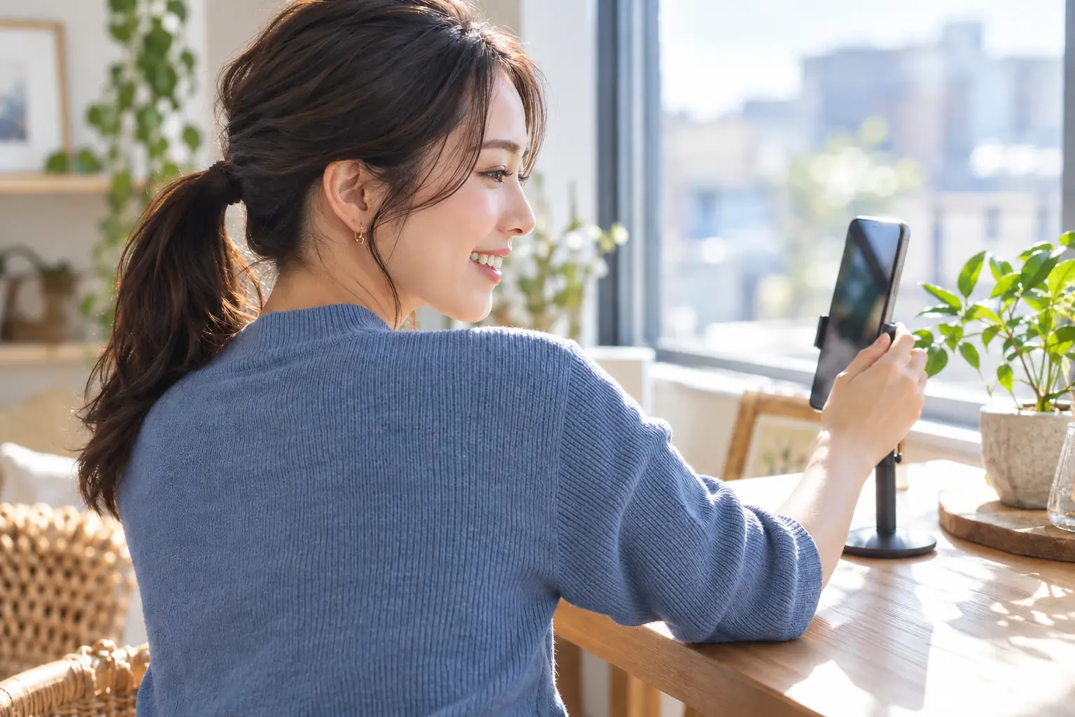 スマートフォンで配信を準備する女性のイメージ